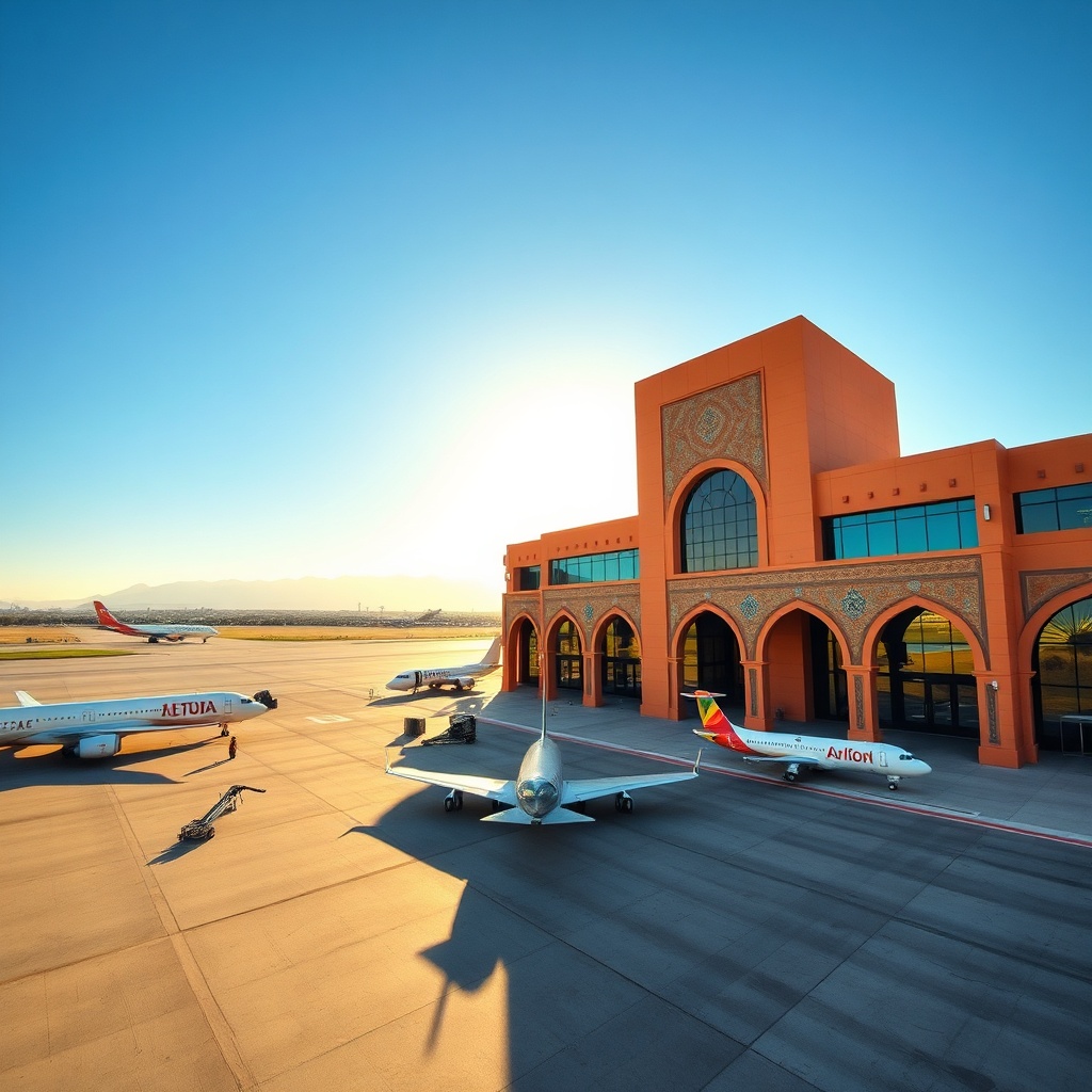 Wide exterior angle from marrakesh menara airport photos showcasing a compact terminal with traditional Moroccan geometric tilework, a bustling aircraft apron, and a single runway stretching toward sunlit mountains.