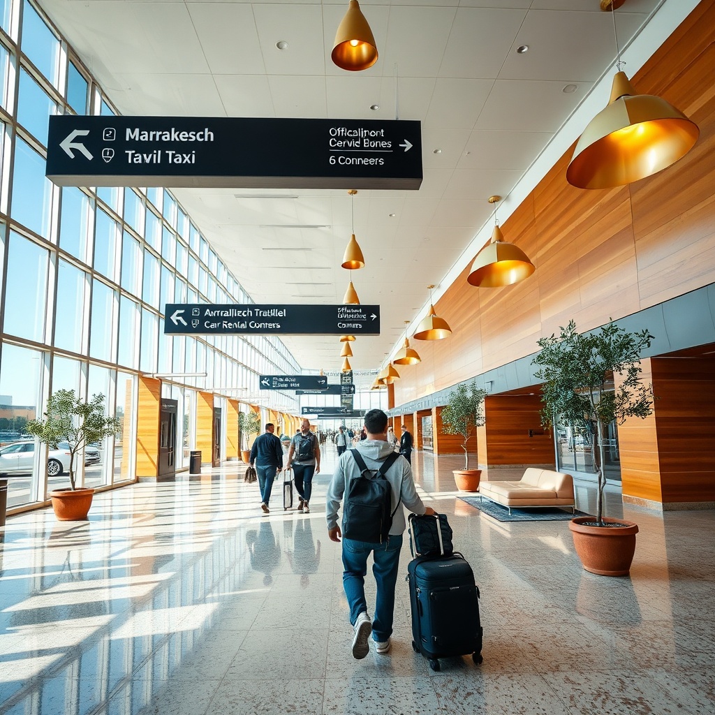 Interior of Marrakech Airport arrivals hall where travelers follow clear signage to taxi stands, shuttle buses, and car rental desks inside the compact single-terminal facility.