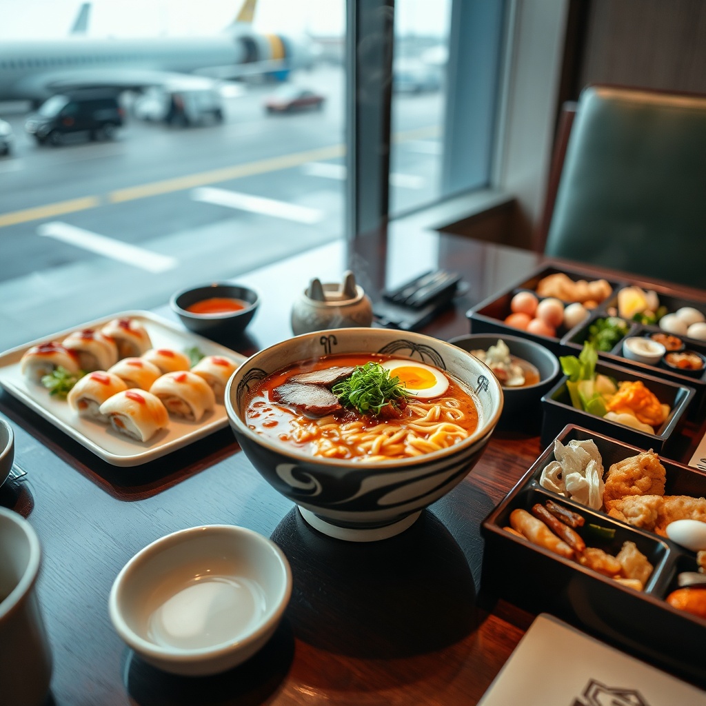 Close-up of fresh sushi, ramen, and bento options at Matsuri Aeroport Marrakech, showcasing a premium sit-down dining experience distinct from typical airport fast food.