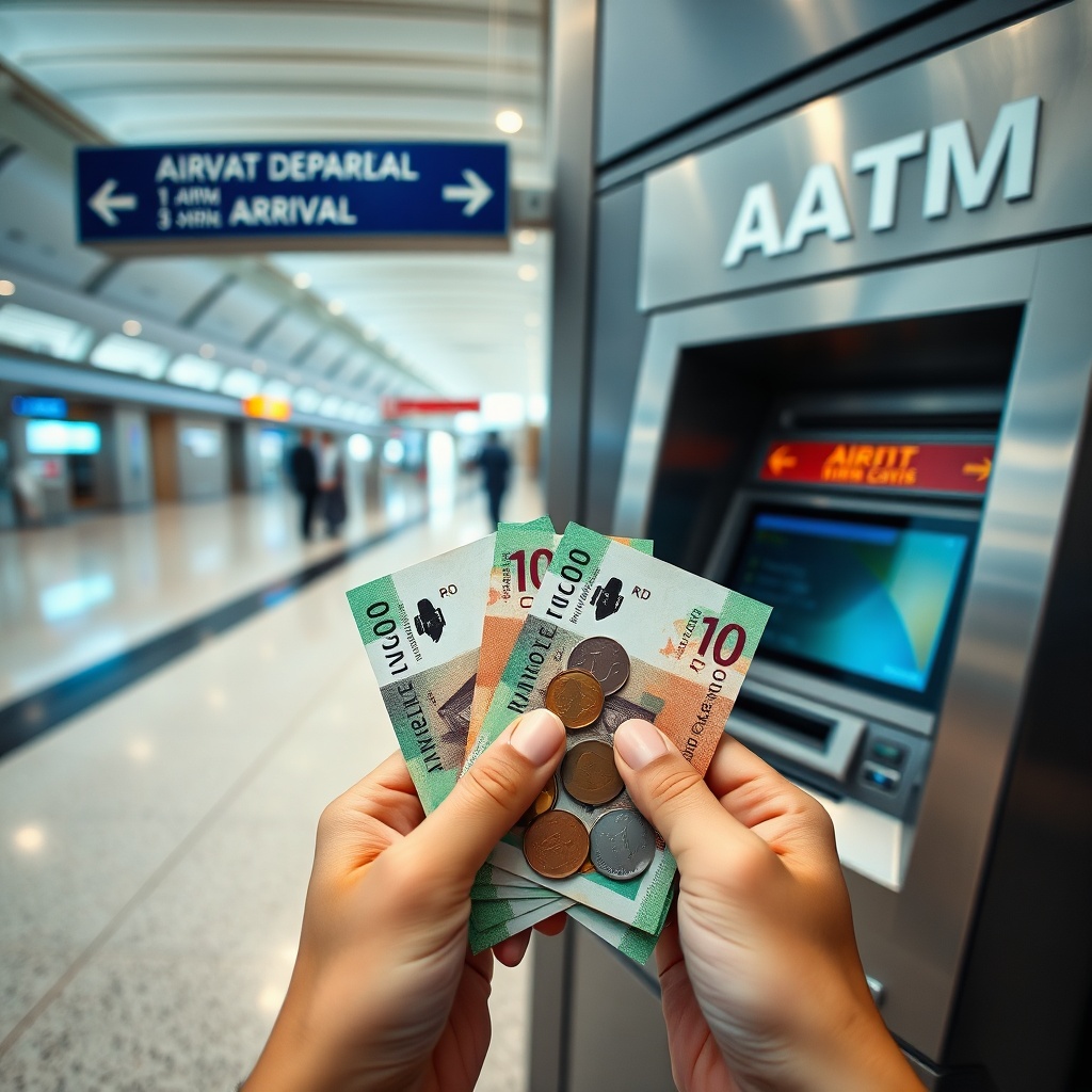 Close-up view of moroccan dirham banknotes held near a marrakesh airport atm kiosk in the public terminal, helping travelers secure local currency for cash-only vendors.