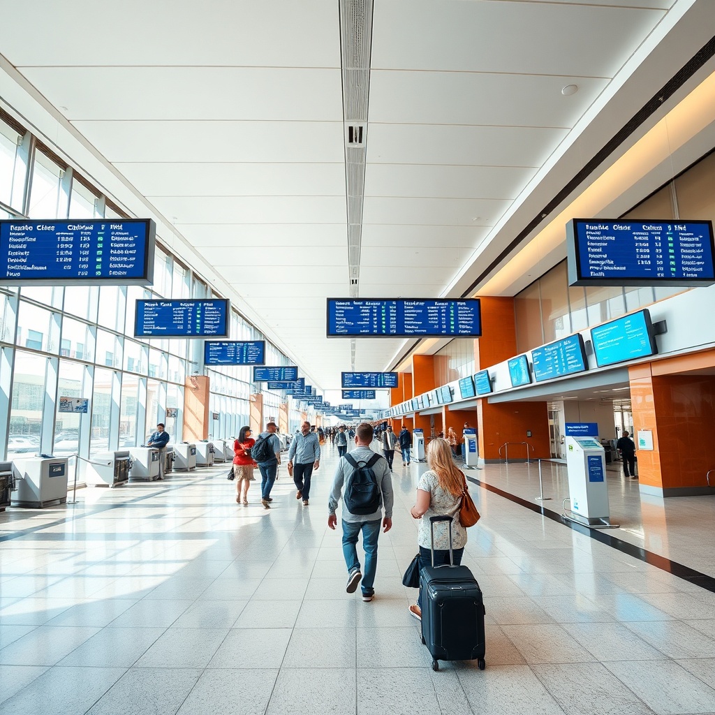 Navigating marrakech airport departures in a streamlined single terminal with clear directional signage and organized passenger flow.