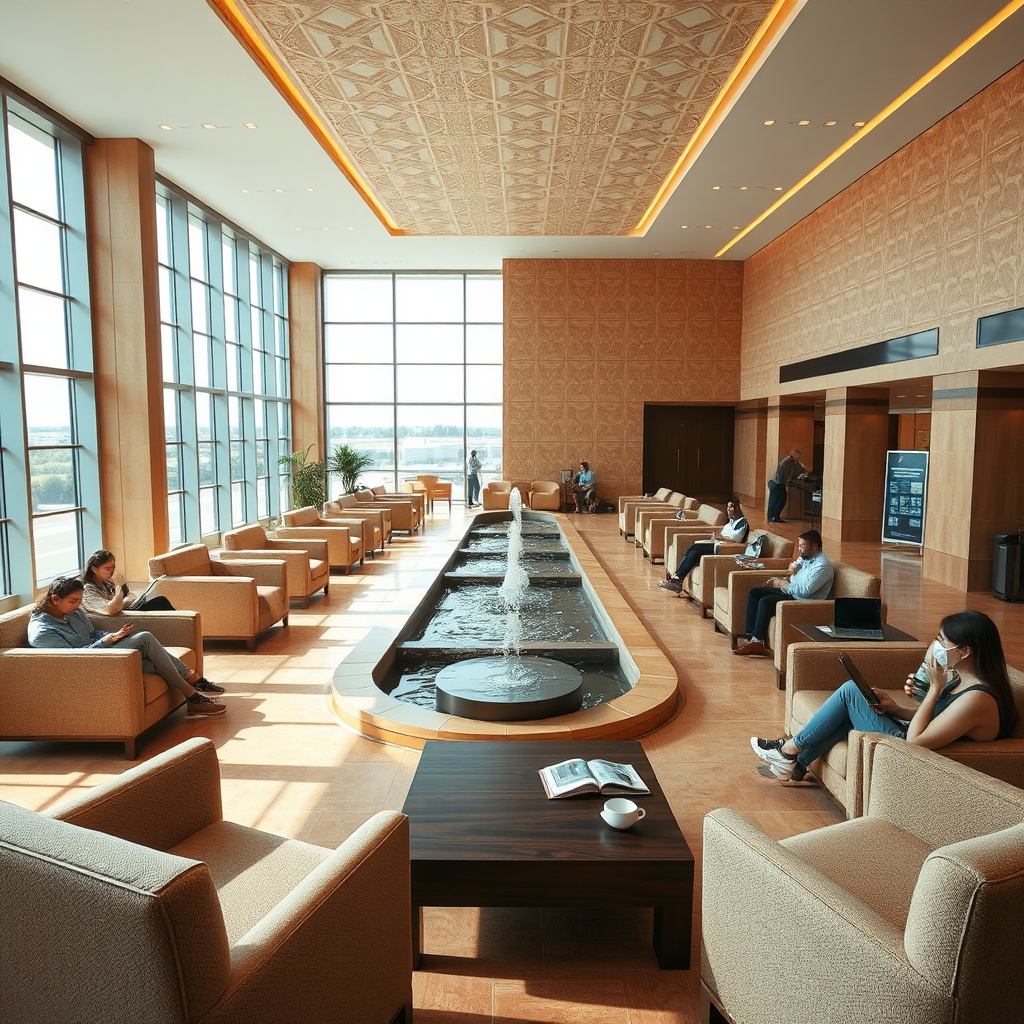 Comfortable seating and refreshment area inside the oasis lounge marrakech airport offering a peaceful pre-flight retreat for travelers.