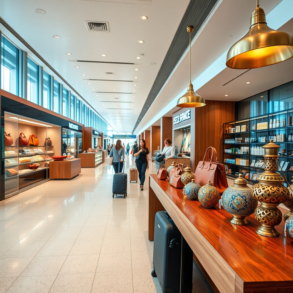 A sunlit departures corridor featuring marrakech airport shops and restaurants with vibrant Moroccan souvenirs and premium duty-free displays.