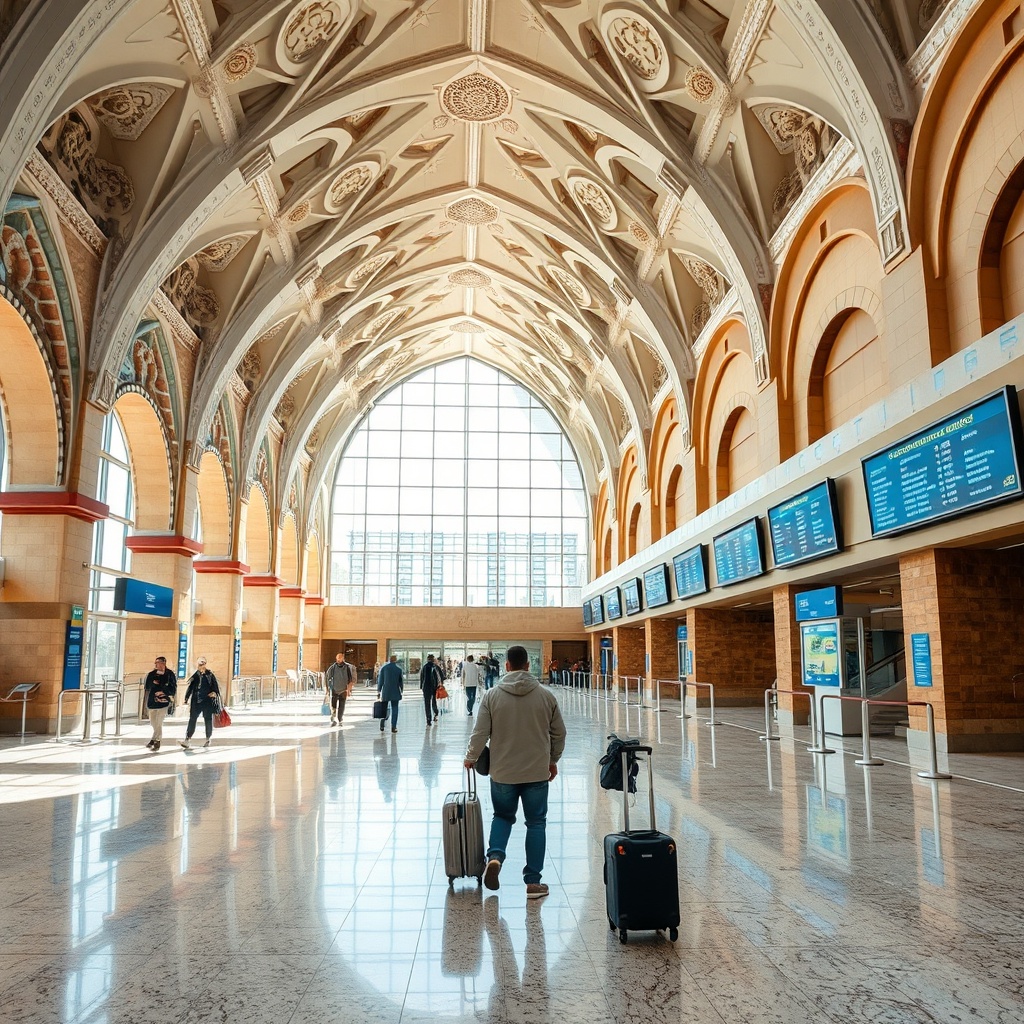 Interior concourse view featured in marrakesh menara airport photos highlighting a modern terminal hall with Moorish arches, terracotta and cobalt accents, and natural daylight guiding efficient passenger flow.