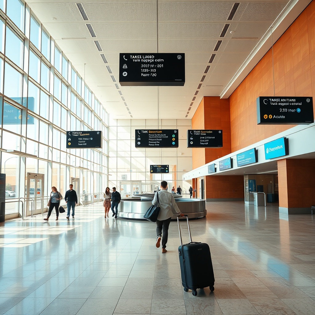 Spacious, sunlit arrivals hall inside Marrakech airport featuring travelers, a moving luggage carousel, and clear signage for taxis and airport buses.