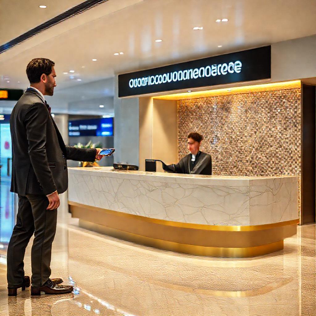 Traveler presenting a lounge access pass at the entrance of the oasis lounge marrakech airport for seamless check-in.