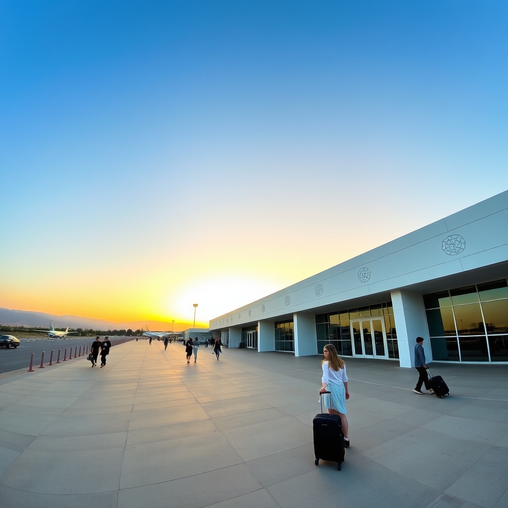 Exterior view of Marrakech Airport (RAK) featuring a modern single-terminal building with subtle Moroccan architectural motifs, set against a golden sunset sky and distant mountain silhouettes, welcoming international travelers to Morocco.