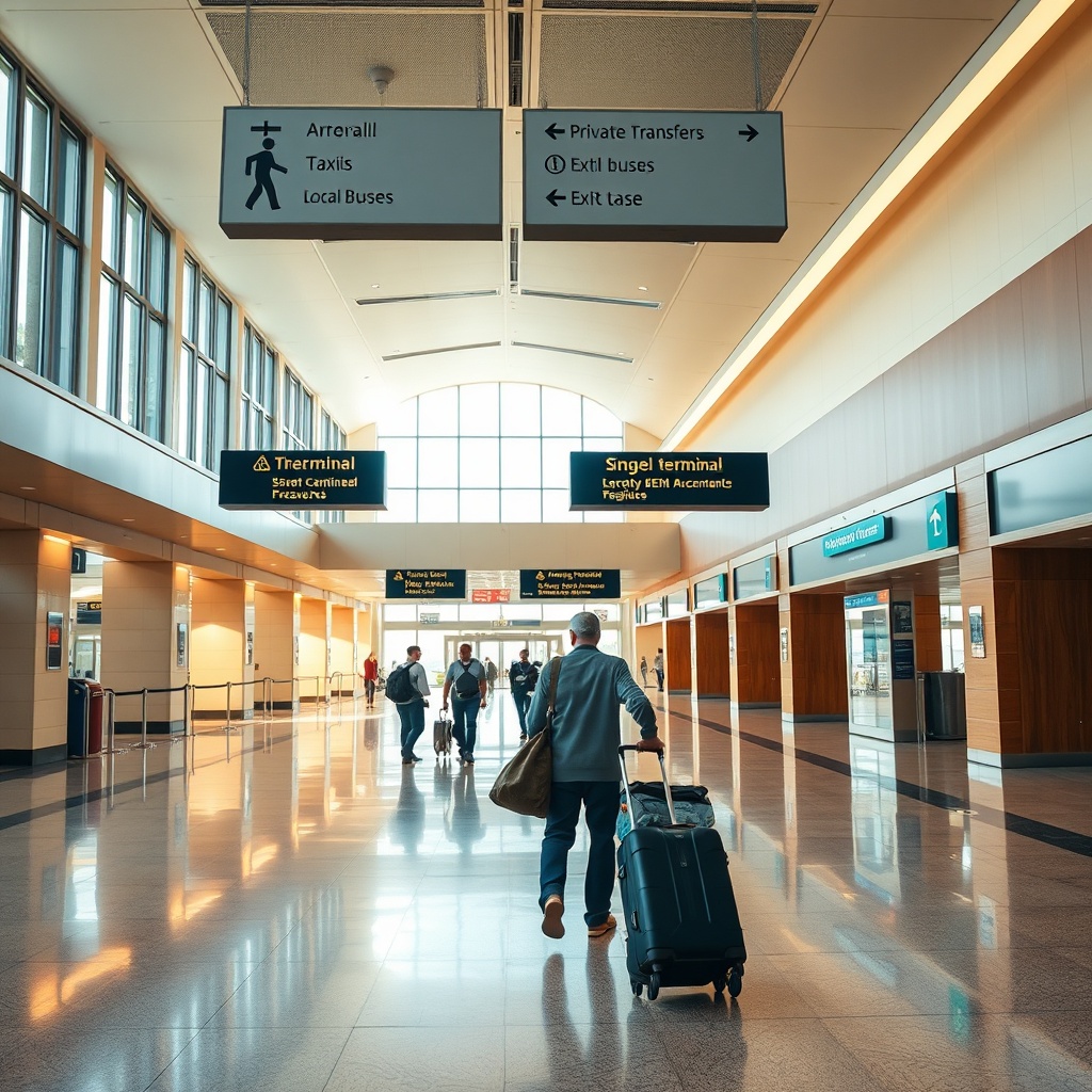 Passengers navigating the arrivals corridor at Marrakesh Airport, following signs for taxi and bus services within the streamlined single-terminal facility.