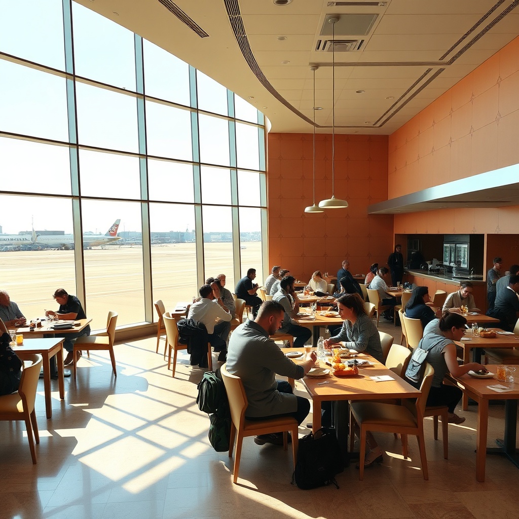 Travelers relaxing at tables while enjoying a selection of traditional Moroccan dishes and café snacks at the marrakech airport food court before departure.