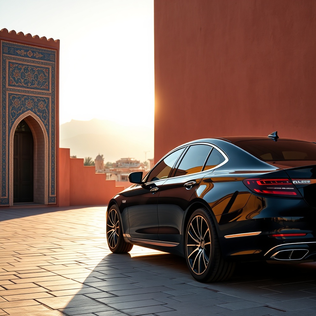 A glossy black luxury vehicle parked against the iconic terracotta walls of the medina, illustrating how premium car rental marrakech luxury transforms city sightseeing into an unforgettable cultural experience.