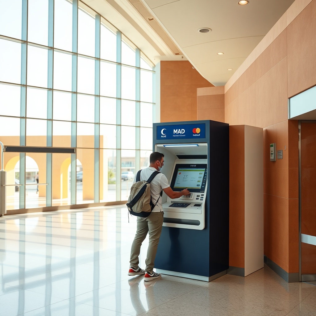 Traveler withdrawing cash from a marrakesh airport atm in the bright arrivals terminal, dispensing Moroccan dirham while accepting international visa and mastercard payments.
