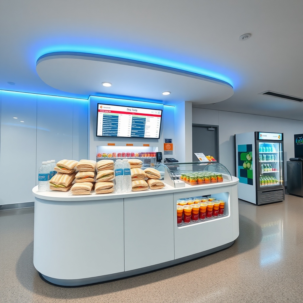 A clean airside snack kiosk offering quick sandwiches and beverages, demonstrating convenient marrakech airport food choices after passing through security for travelers with short layovers.