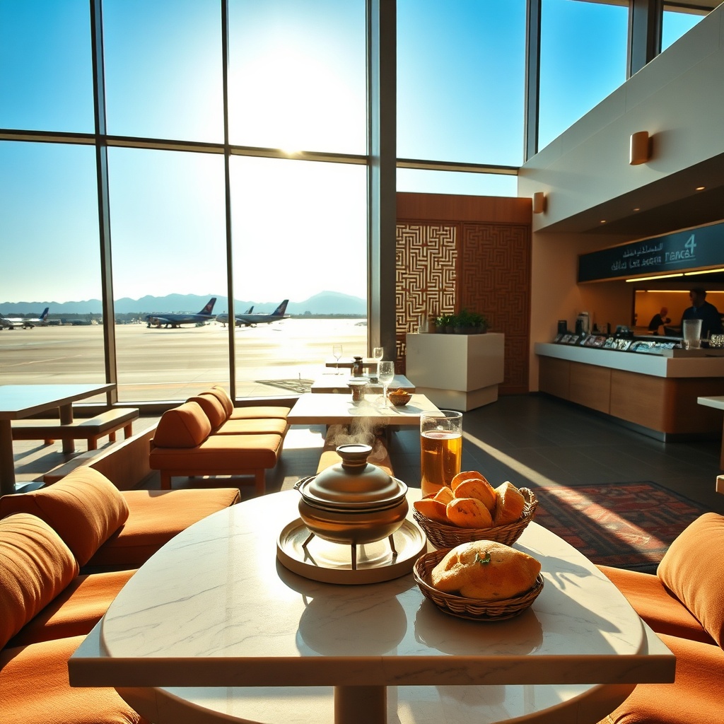 Travelers enjoy traditional tagine and mint tea at marrakech airport shops and restaurants located in the modern airside dining lounge.