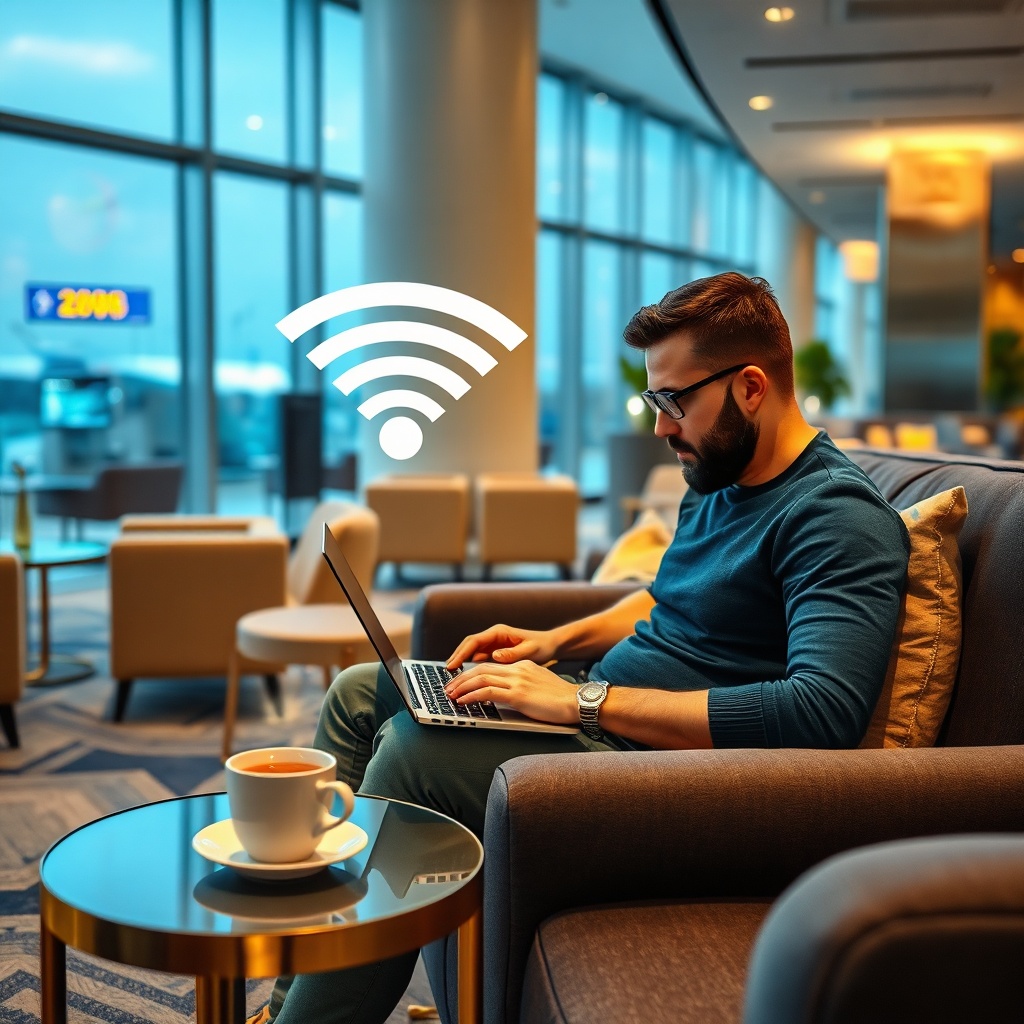 Digital nomad working on a laptop in the departure lounge with strong internet signal, illustrating reliable wifi availability for travelers searching for information on whether does marrakesh airport have wifi premium or free tiers.