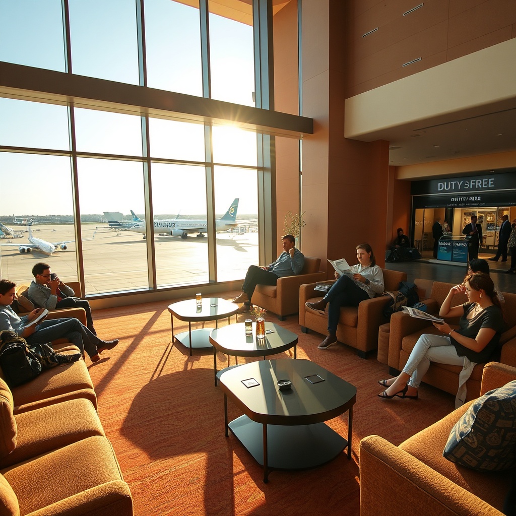Relaxing in a premium lounge during marrakech airport departures, featuring charging stations, comfortable seating, and views of the runway.