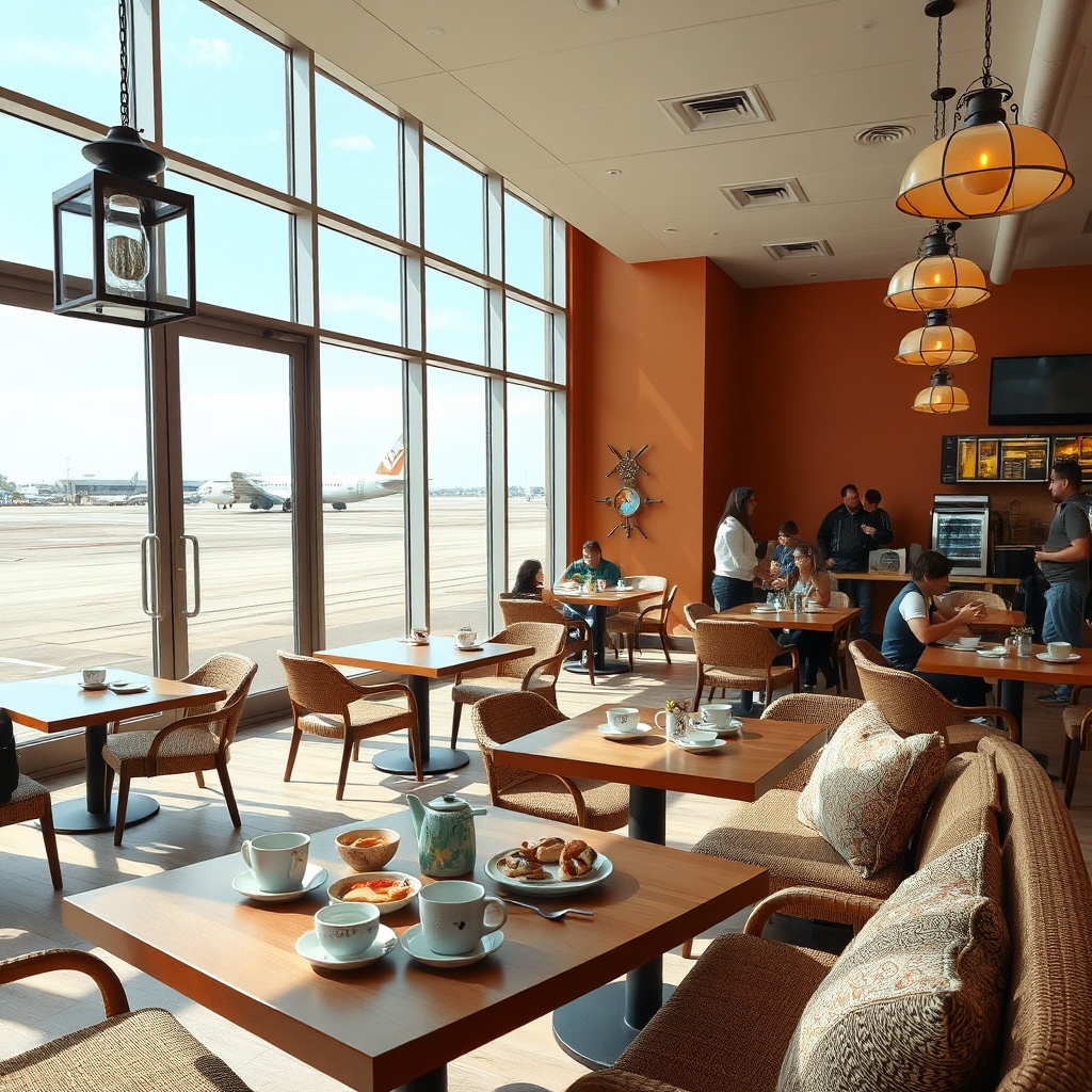 Cozy landside dining area showcasing marrakech airport shops and restaurants, offering travelers quick cafe bites and traditional refreshments before passing through security.