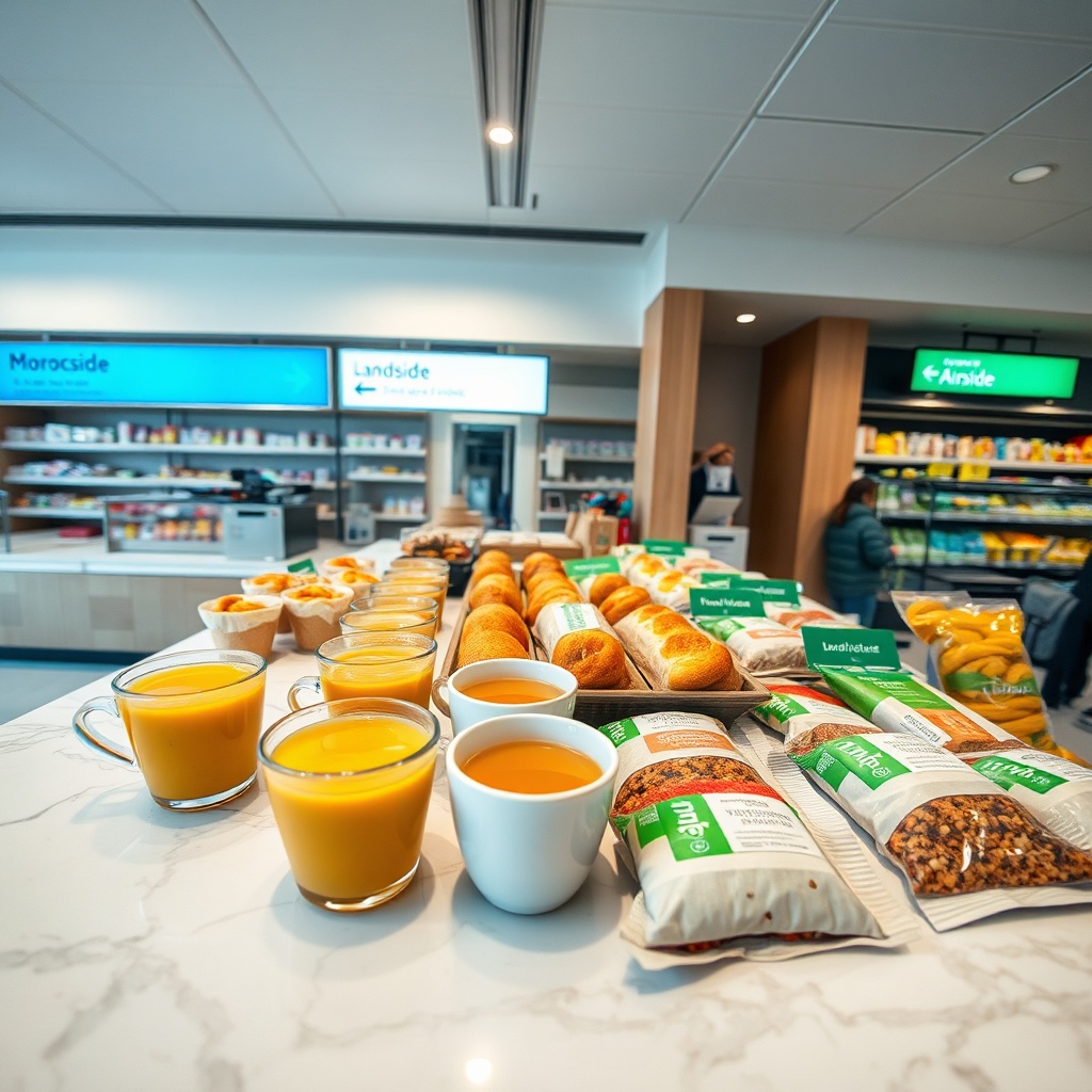 A vibrant concession display showcasing the limited but varied choices of marrakech airport food, including quick coffee stops and savory Moroccan bites for departing passengers.