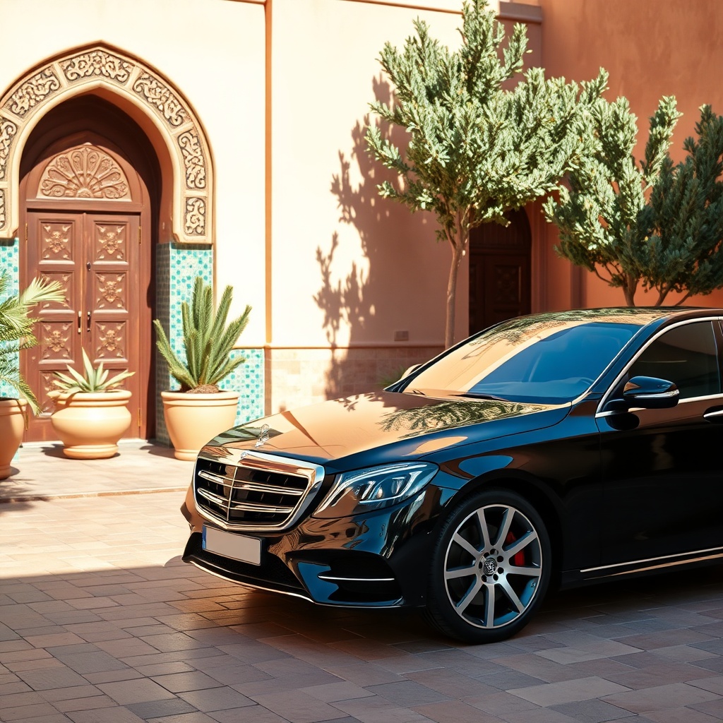 A professional driver presents the keys to a premium car rental Marrakech luxury vehicle at a private riad entrance, emphasizing concierge-style airport and hotel transfers.