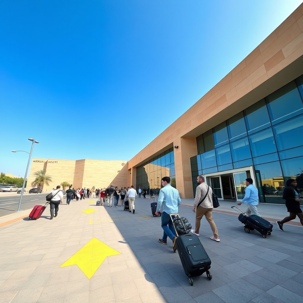 Travelers with rolling luggage approaching the main entrance at marrakech airport departures under a clear sky