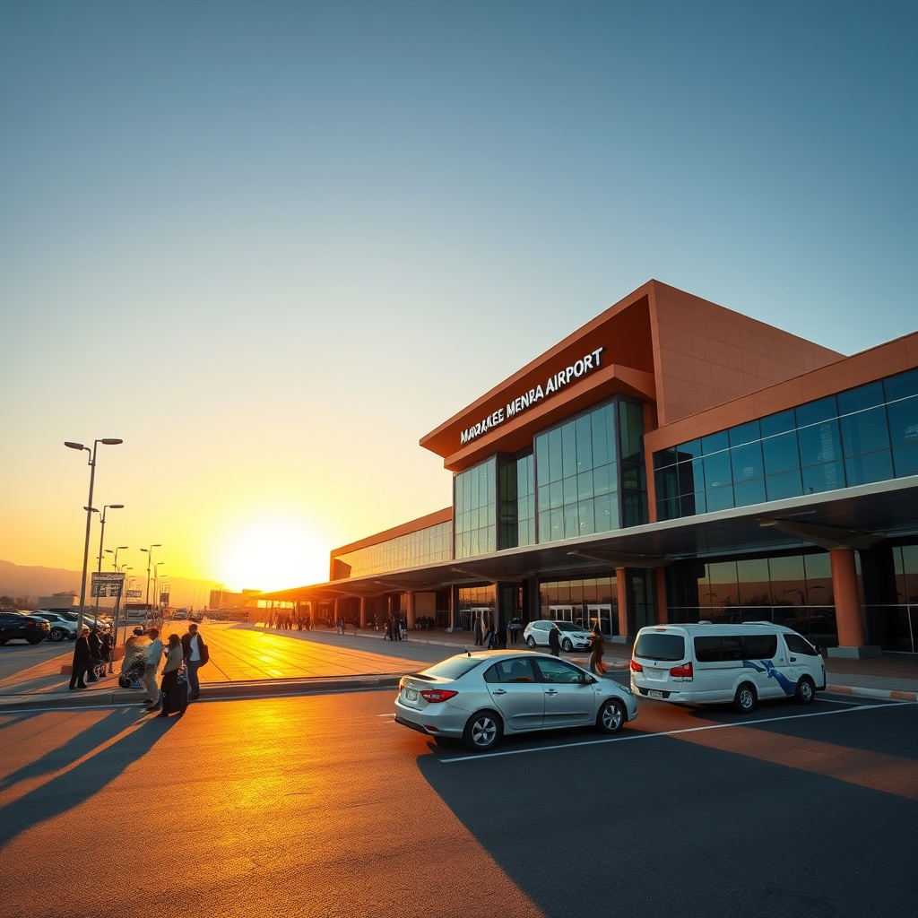 Exterior view of Marrakesh Airport displaying the modern terminal and taxi stand under a golden sunset, highlighting the main entry point for travelers arriving in Marrakesh.