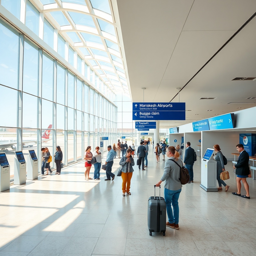 Inside Marrakesh Airport, clear bilingual signage and dedicated transport desks help passengers easily access taxis, buses, and car rental services.
